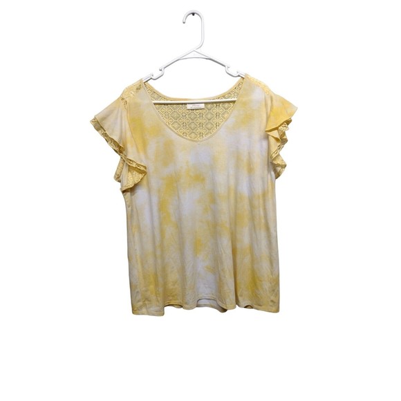 Bobbie & Brooks Yellow White Tie Dye  Blouse Short Ruffle Sleeve Size 1X - Picture 1 of 11
